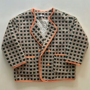 Oil Rice Textured Knit Grid Jacket Cream Green Orange Trim One Size